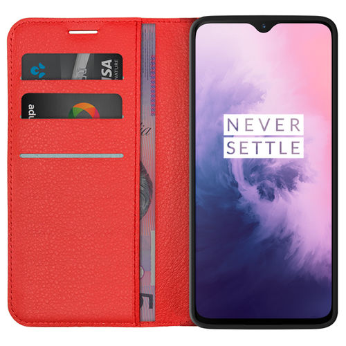 Leather Wallet Case & Card Holder Pouch for OnePlus 7 - Red